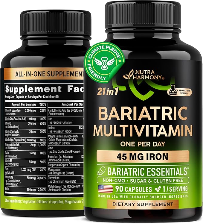 Bariatric Multivitamin - 45 mg Iron Supplements - Made in USA - for Women & Men - All-in-One, 21 Essential Vitamins - Gastric Sleeve Support - Free of Sugar, Gluten & Soy - 90 Capsules-SeraviaPure