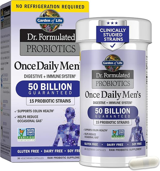 Garden of Life Probiotics for Men, Dr Formulated 50 Billion CFU 15 Probiotics for Digestive Health + Organic Prebiotic Fiber, Colon & Immune Support, Daily Gas Relief, Shelf Stable, 30 Capsules-SeraviaPure