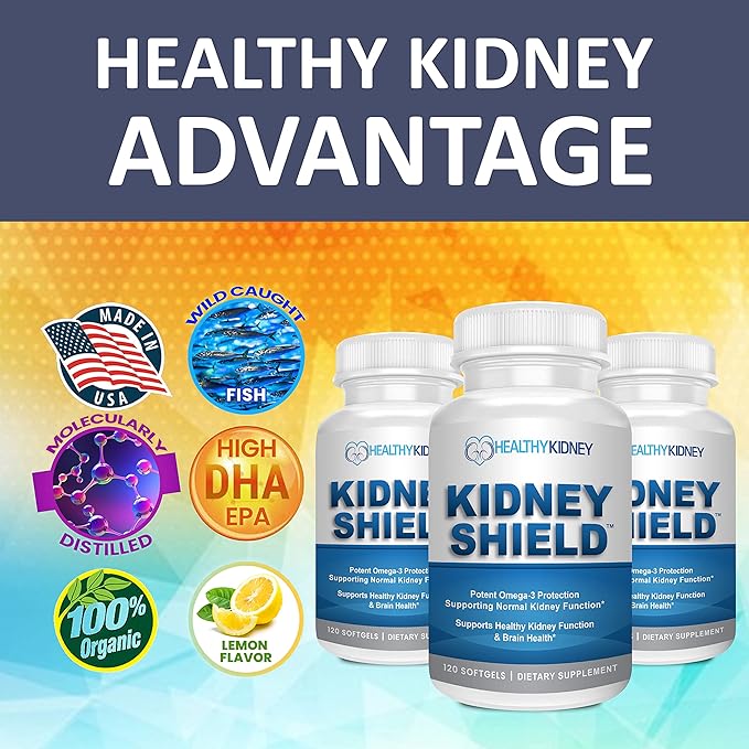 Kidney Shield Omega 3 Fish Oil Supplements - DHA EPA Omega 3 Supplement for Women & Men Kidney Health - Omega3 to Support Normal Kidney Function & Kidney Cleanse Detox & Repair - 120 Lemon Softgels-SeraviaPure