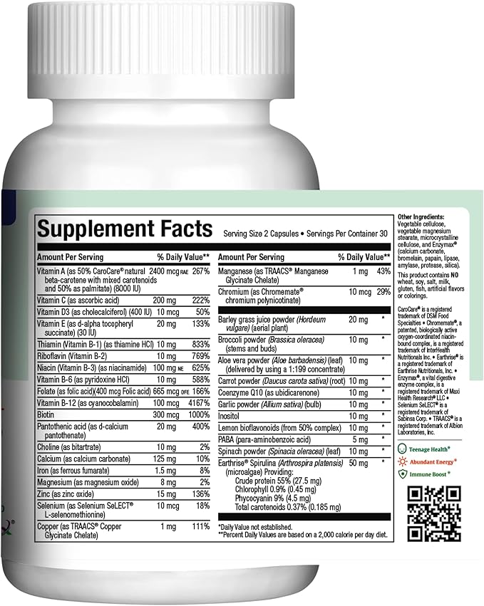Maxi Health Teen Multivitamin for Girls 12-17 years, Natural Vitamins and Minerals Enhances Development and Immune Health, Best Kosher Supplement for Teenagers, 60 Count-SeraviaPure