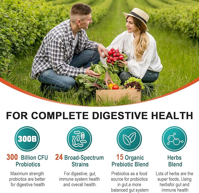Probiotics for Women & Men - 300 Billion CFU, 24 Strains Probiotic + 15 Organic Herbs Prebiotics Blend, Daily Prebiotics and Probiotics for Digestive Health, Gut, Immune, Bloating - 2 Months Supply-SeraviaPure