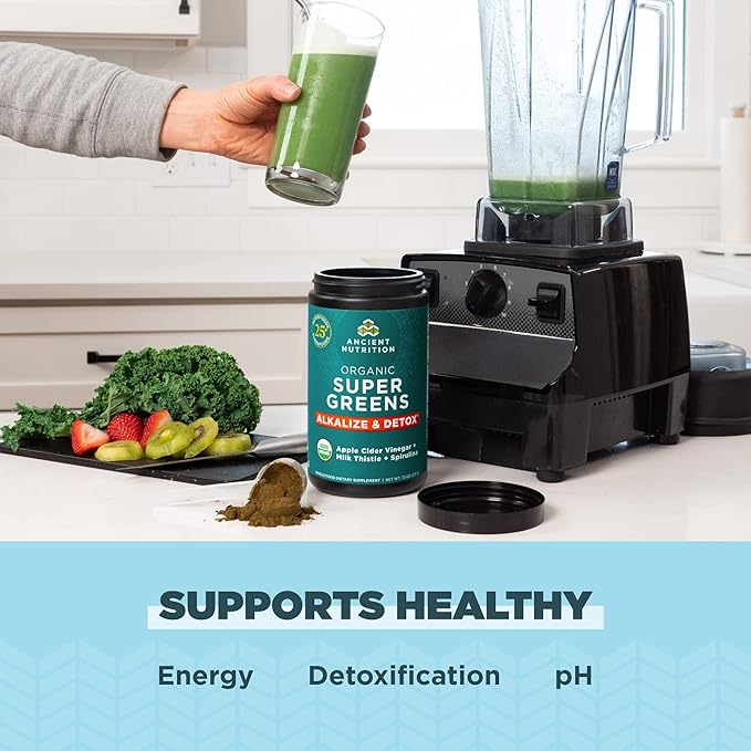 Supergreens Alkalize & Detox Powder by Ancient Nutrition, Organic Superfood Powder Made from Real Fruits, Vegetables and Herbs, for Digestive and Energy Support, 25 Servings, 7.5oz-SeraviaPure