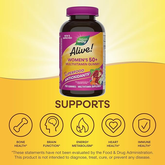 Nature's Way Alive! Women’s 50+ Daily Gummy Multivitamins, Supports Multiple Body Systems*, Supports Healthy Heart, Brain & Bones,* B-Vitamins, Mixed Berry Flavored, 150 Gummies(Packaging May Vary)-SeraviaPure