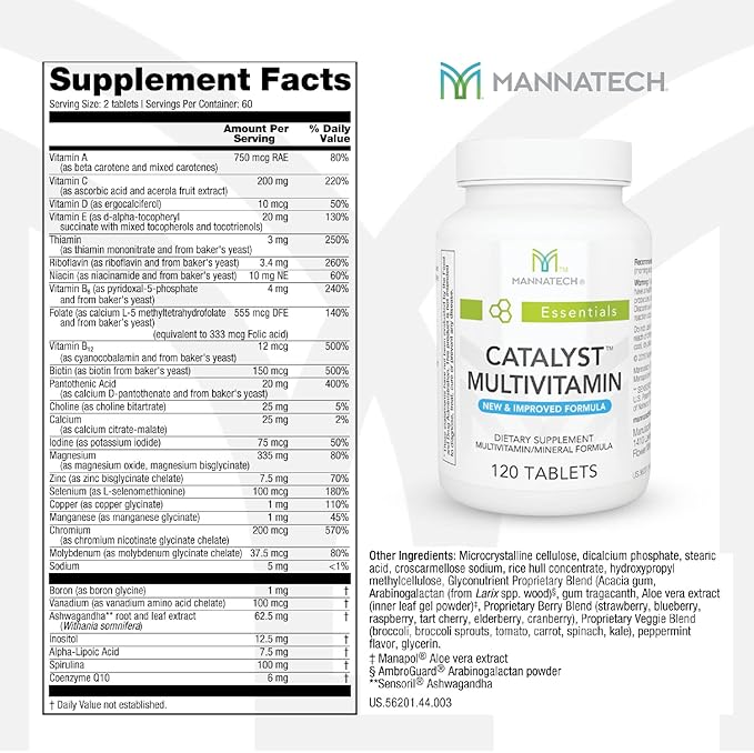 Mannatech Catalyst Multivitamin 120 Tablets, Maximize Your Multivitamin. Provides Antioxidants Vitamin A, Vitamin C, and Vitamin E, Now with Ashwagandha to Support You Physically and Emotionally-SeraviaPure