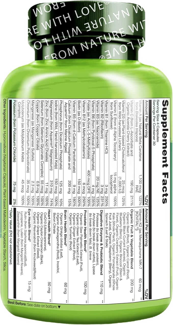 NATURELO Whole Food Multivitamin for Men 50+ - with Vitamins, Minerals, Organic Herbal Extracts - Vegan Vegetarian - for Energy, Brain, Heart and Eye Health - 120 Capsules-SeraviaPure