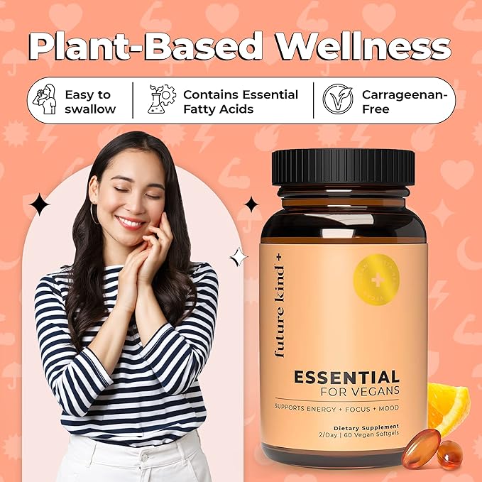 Future Kind Vegan Multivitamins - Glass Bottle & Made for Vegans w/Omega 3 DHA+EPA, Vitamin B12 & D3 - Vegan Vitamin for Energy, Focus, & Mood - Vegan Vitamins for Women & Men, 60 Tiny Softgels-SeraviaPure