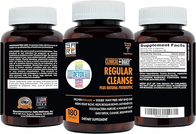 Clinical Daily Regular Cleanse Plus Natural Probiotic - Colon Cleanse & Gut Detox Supplement - Assists with Energy and Constipation Relief - Herbal Dietary Fiber Psyllium Husk Capsules - 180 Count-SeraviaPure