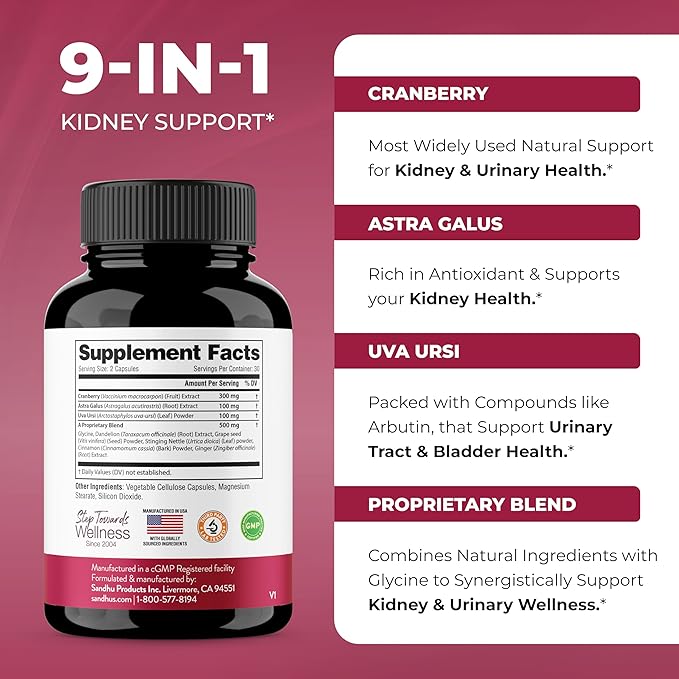 Sandhu's Kidney Cleanse Detox & Repair Support Supplement for Men and Women | with Cranberry Extract | Helps Support Kidney & Urinary Tract Health | 60 Vegetarian Capsules-SeraviaPure