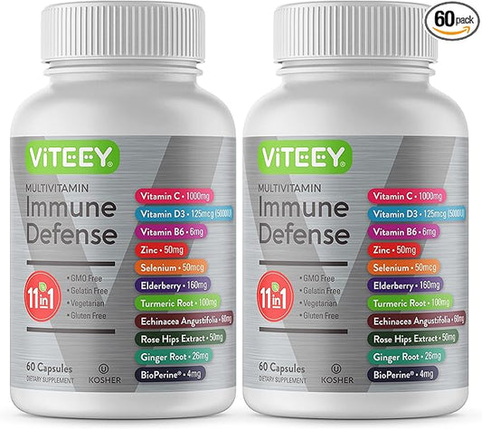 11 in 1 Multivitamin Immune Defense Supplement - Immune Booster Capsules with Vitamin D3, Vitamin B6, Echinacea, Turmeric, Rose-HIPS, Selenium, BioPerine, Ginger, Elderberry Vitamin C and Zinc-SeraviaPure