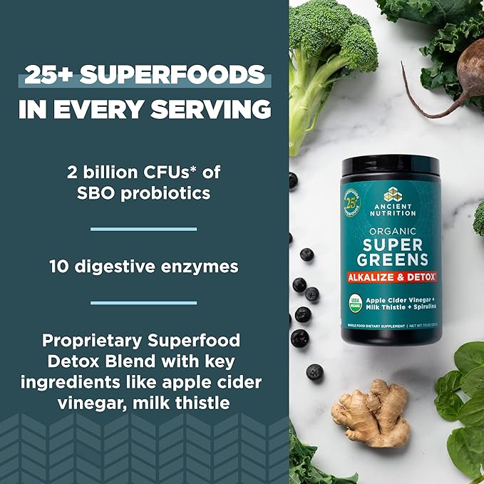 Supergreens Alkalize & Detox Powder by Ancient Nutrition, Organic Superfood Powder Made from Real Fruits, Vegetables and Herbs, for Digestive and Energy Support, 25 Servings, 7.5oz-SeraviaPure