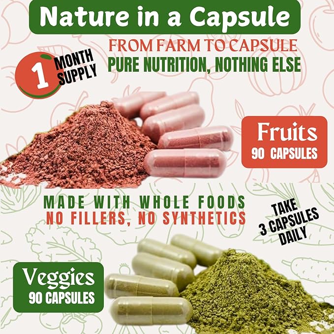 Fruit and Veggies Supplement Vitamins for Men and Women - Super Fruits and Veggies Capsules to Support Balanced Nutrition and Energy Levels - Whole Natural Super Foods 90 Count (Pack of 2)-SeraviaPure