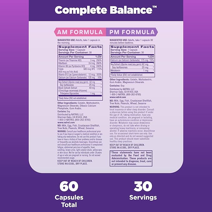 Natrol Complete Balance, Dietary Supplement for Menopause Relief, A.M./P.M. Menopause Relief for Women, 60 Capsules, Up to a 30 Day Supply-SeraviaPure