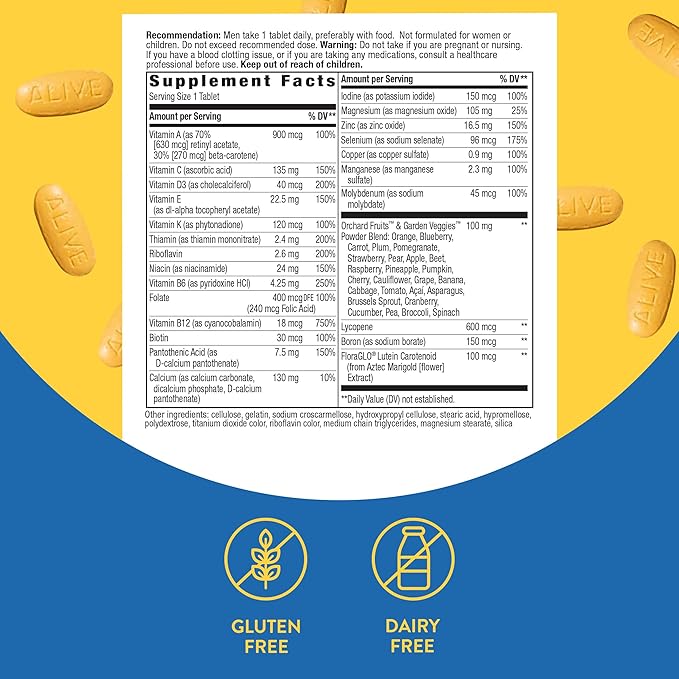 Nature's Way Alive! Men's Complete Daily Multivitamin, Supports Energy Metabolism & Muscle Function*, with B-Vitamins, Gluten Free, 130 Tablets (Packaging May Vary)-SeraviaPure
