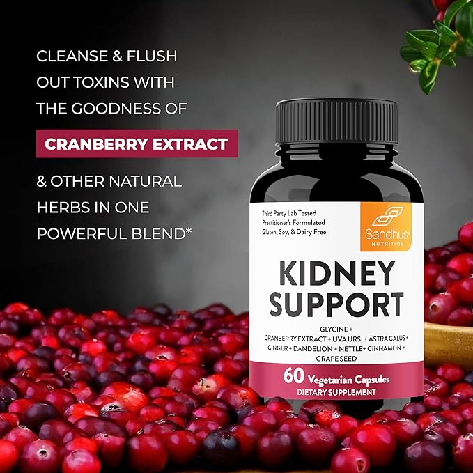 Sandhu's Kidney Cleanse Detox & Repair Support Supplement for Men and Women | with Cranberry Extract | Helps Support Kidney & Urinary Tract Health | 60 Vegetarian Capsules-SeraviaPure