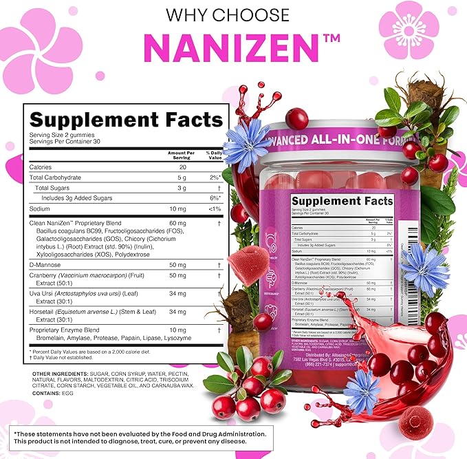 Clean Nutra Vaginal Probiotic Gummies for Women Cranberry Digestive Enzymes D Mannose Womens Probiotic Dmannose Horsetail Bromelain Chicory Fiber Feminine Care Prebiotics Inulin Papaya Enzyme Gummy