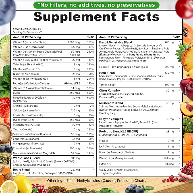 Vegan Whole Food Multivitamin with Iron, Daily Multivitamin for Women and Men, Made with Fruits & Vegetables, B-Complex, Probiotics, Enzymes, CoQ10, Omegas, Turmeric, Non-GMO, 180 Count-SeraviaPure