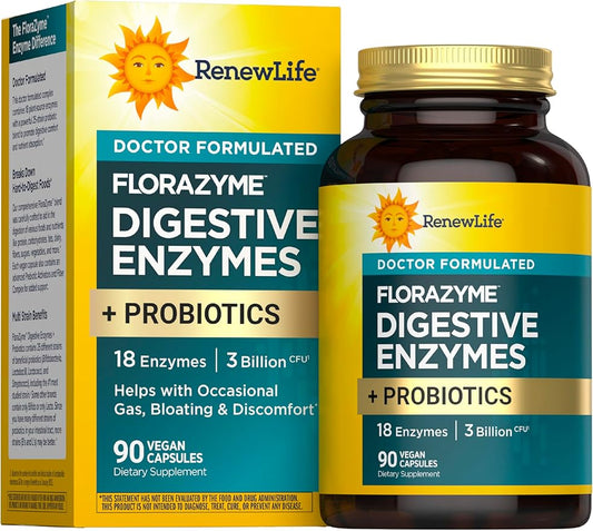 Renew Life Florazyme Digestive Enzymes with Probiotics | Doctor Formulated | Helps Occasional Gas, Bloating & Discomfort | Digestive & Immune Health | Dairy Free | 90 Vegan Capsules