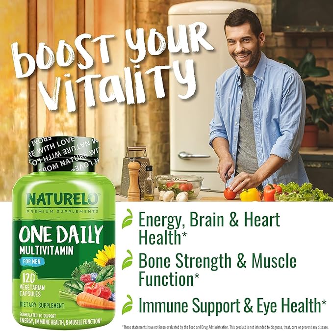 NATURELO Mens Multivitamins - One Daily Multivitamin for Men with Vitamins, Minerals & Organic Whole Foods, Boost Energy & Health, Non-GMO, 120 Vegetarian Capsules-SeraviaPure