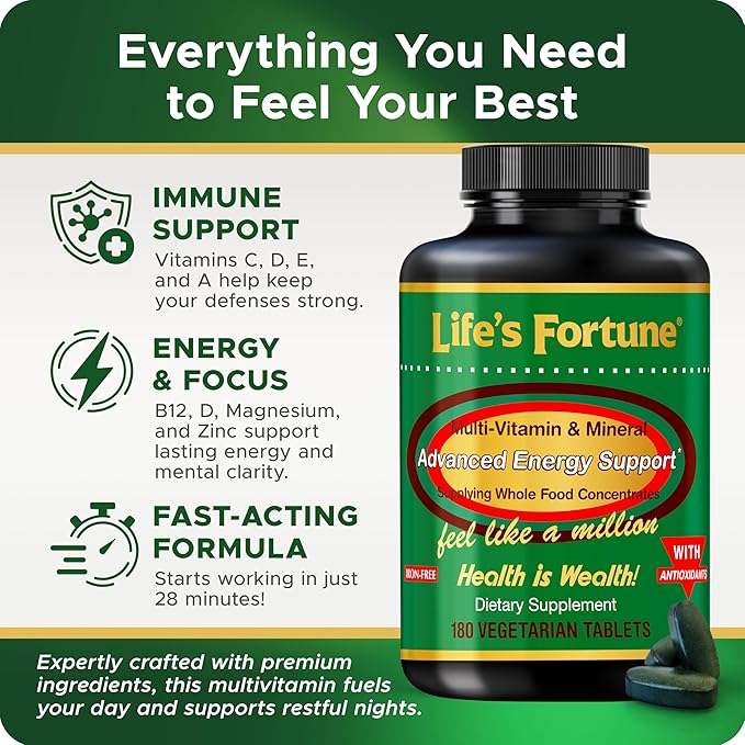 Life's Fortune Whole Food Multivitamin & Mineral, Advanced Energy Support Supplement, Daily Wellness for Men & Women, Amino Acids, 180 Vegetarian Tablets-SeraviaPure