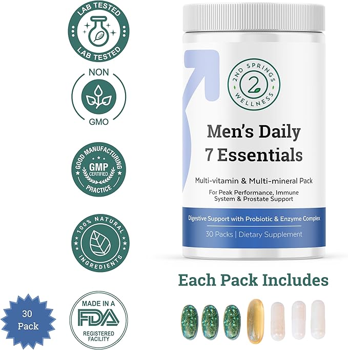 Daily 7 Essentials Men's Vitamin Pack - 7 Pack Adult Male Multivitamin & Multimineral Pack for Energy, Metabolism, Immune System Support, Prostate Support with Probiotic, Digestive Enzymes-SeraviaPure
