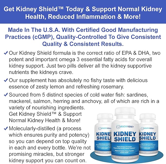 Kidney Shield Omega 3 Fish Oil Supplements - DHA EPA Omega 3 Supplement for Women & Men Kidney Health - Omega3 to Support Normal Kidney Function & Kidney Cleanse Detox & Repair - 120 Lemon Softgels-SeraviaPure