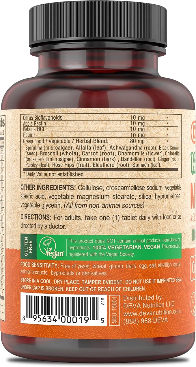 DEVA Vegan Multivitamin & Mineral Supplement Iron-Free - Vegan Formula with Green Whole Foods, Veggies, and Herbs - High Potency - 100% Vegan - 90 Count (Pack of 1)-SeraviaPure