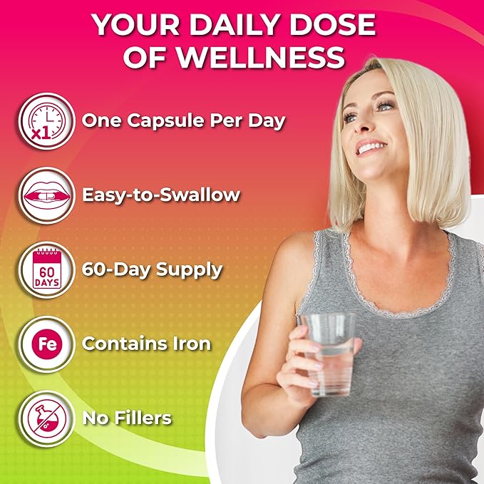Women's Daily Multivitamin with Iron - Vegan Multivitamin for Women with Biotin, Organic Superfoods, B-Complex, Probiotics, Enzymes - Energy, Immunity, Gut Health Support - Easy to Swallow Capsules-SeraviaPure