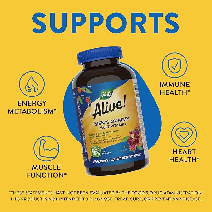 Nature's Way Alive! Men's Daily Gummy Multivitamin, Supports Energy Metabolism & Muscle Function*, B-Vitamins, Gluten-Free, Vegetarian, Fruit Flavored, 150 Gummies (Packaging May Vary)-SeraviaPure