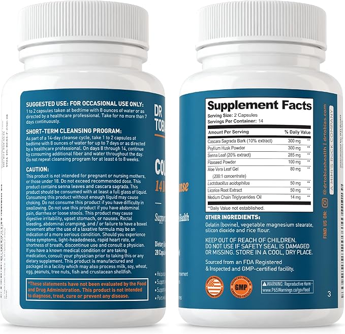 Dr. Tobias Colon 14 Day Cleanse, Advanced Gut Cleanse Detox for Women & Men with Cascara Sagrada, Psyllium Husk, Senna Leaf & Probiotics, Non-GMO Colon Cleanse, 4 Bottles of 28 Capsules (1-2 Daily)-SeraviaPure