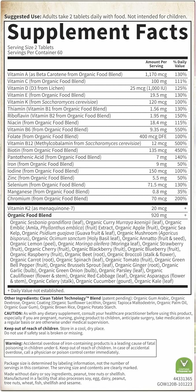 Garden of Life Organics Multivitamin for Women, Womens Multi with Vitamin C, D, Folate, B6, B12, Biotin, Iron, Vegan Whole Food Vitamins for Women, Energy, Skin, Nails, 120 Tablets-SeraviaPure