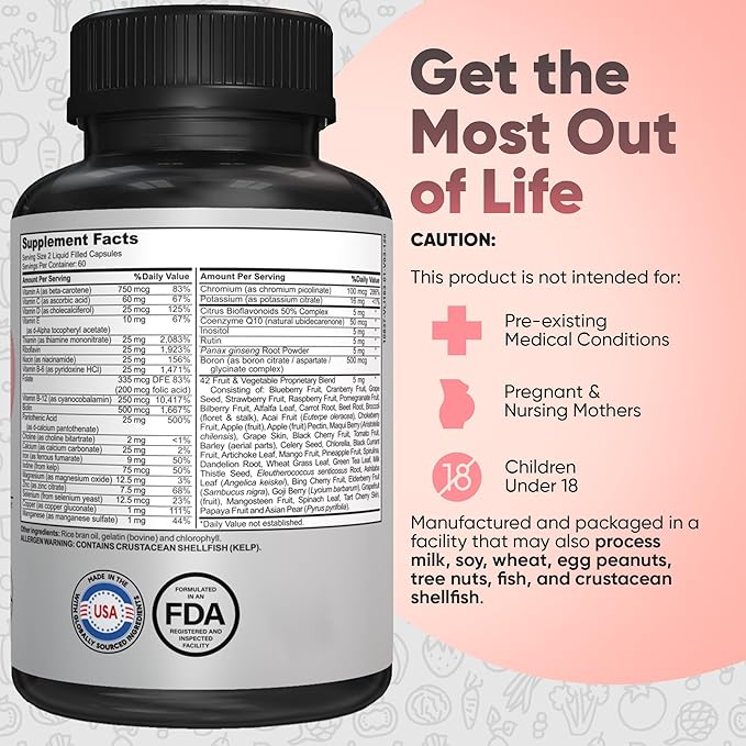 Bariatric Multivitamin with Iron for Post-Bariatric Surgery - Easy-to-Swallow Liquid Capsules with 42 Fruit & Veggie Blend - 120 Capsules, 2 Month Supply-SeraviaPure