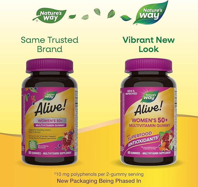 Nature's Way Alive! Women’s 50+ Daily Gummy Multivitamins, Supports Multiple Body Systems*, Supports Healthy Heart, Brain & Bones,* B-Vitamins, Mixed Berry Flavored, 60 Gummies (Packaging May Vary)-SeraviaPure