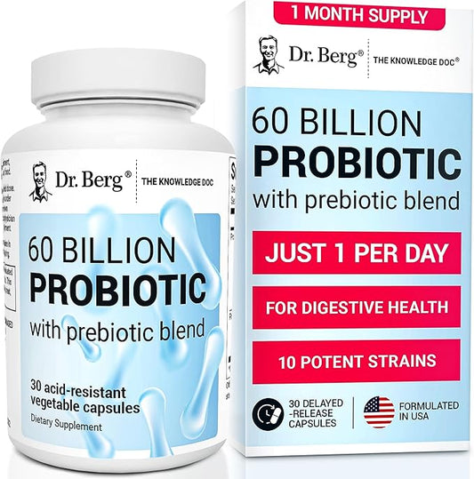 Dr. Berg 60 Billion Probiotic Supplement - Supports Occasional Constipation, Diarrhea, Gas & Bloating* - Pre and Probiotics for Digestive Health - 30 Probiotic Capsules-SeraviaPure