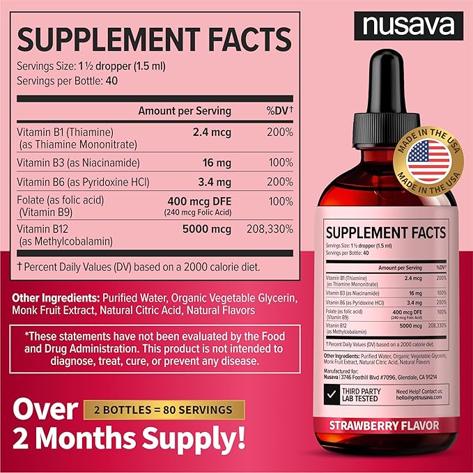 (2 Pack) Vitamin B12 and B6 Liquid Drops, B12 Sublingual Vitamin B Complex - B 12 Vitamin 5000mcg - B12 Methylcobalamin for Energy, Brain, and Heart Support with 27,200 mcg, Strawberry, 80 Servings