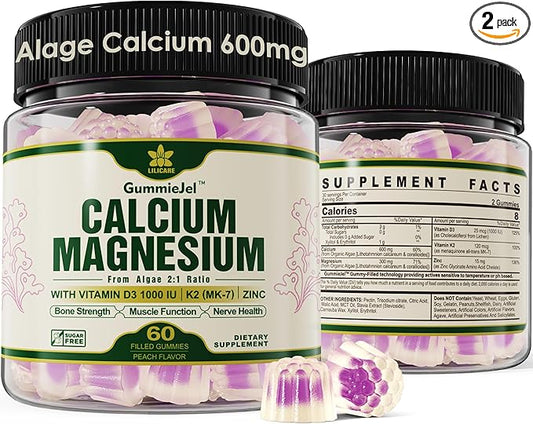 (2 Pack) Plant Based Calcium Supplement 600mg with Vitamin D3 K2, Zinc for Bone Strength, Sustainably Sourced Algae Calcium Magnesium 2:1 Ratio, Sugar Free Calcium Gummies 70+ Trace Minerals, Vegan-SeraviaPure