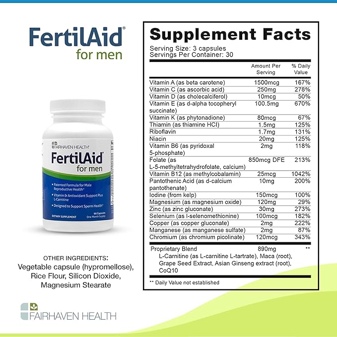 Fairhaven Health 3 Month Supply FertilAid for Men Prenatal Male Fertility Supplement | Count and Motility Support Pre Conception for Him | Fertility Support Includes, Zinc, and Folate | 90 Capsules-SeraviaPure