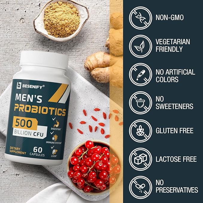 Probiotics for Men, 500 Billion CFUs & 12 Strains, Probiotics for Digestive Health, Men's Probiotic with Turmeric, Cranberry, Goji, for Overall Digestive, Immune Health, Gut & Bloating, 120 Day Supply-SeraviaPure