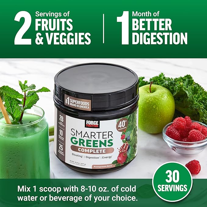 Force Factor Smarter Greens Superfoods + Digestion Powder, 3-Pack, Greens Powder with 2 Billion Probiotics, Digestive Enzymes, and Antioxidants to Detox, Cleanse, and Support Immunity, 90 Servings-SeraviaPure