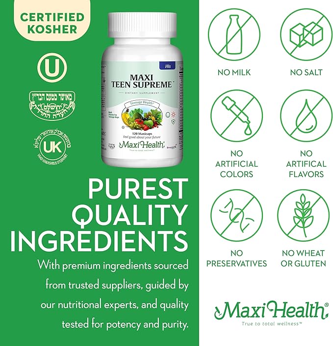 Maxi Health Teen Supreme HIS Vitamins for Teen Boys (120) - Teen Multivitamin for Young Men Ages 12 17 - Daily Teen Vitamins for Nutrition, Energy, Immune Support, Antioxidants & Teen Boy Needs-SeraviaPure