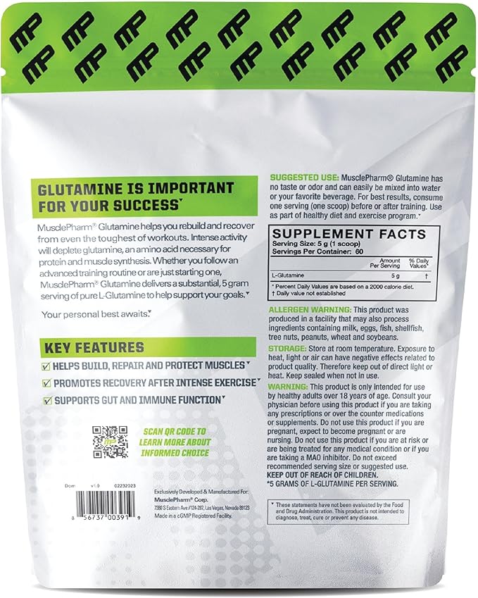MusclePharm Essentials Glutamine, Pure L-Glutamine Powder Supplement for Post Workout Muscle Recovery, Energy & Gut Health, 5g L Glutamine Powder per Serving, Gluten-Free, Unflavored, 60 Servings-SeraviaPure