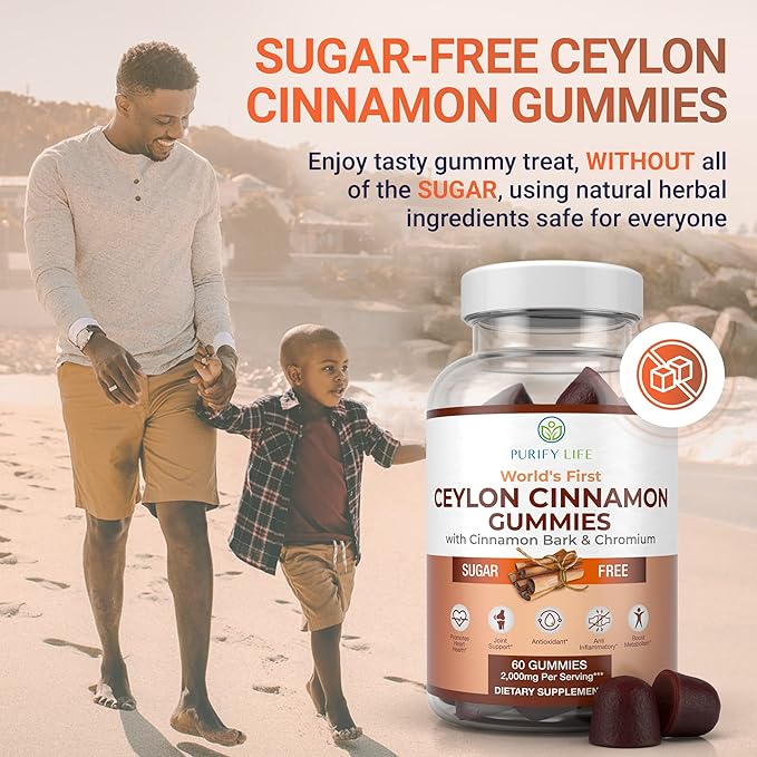 Purify Life Sugar-Free Ceylon Cinnamon Gummies (2,000mg/Serving) Ceylon Cinnamon Supplement for Brain Health, Vegan, Gluten-Free, Replace Ceylon Cinnamon Capsules, Pills, Powder, Extract (60 Chews)-SeraviaPure