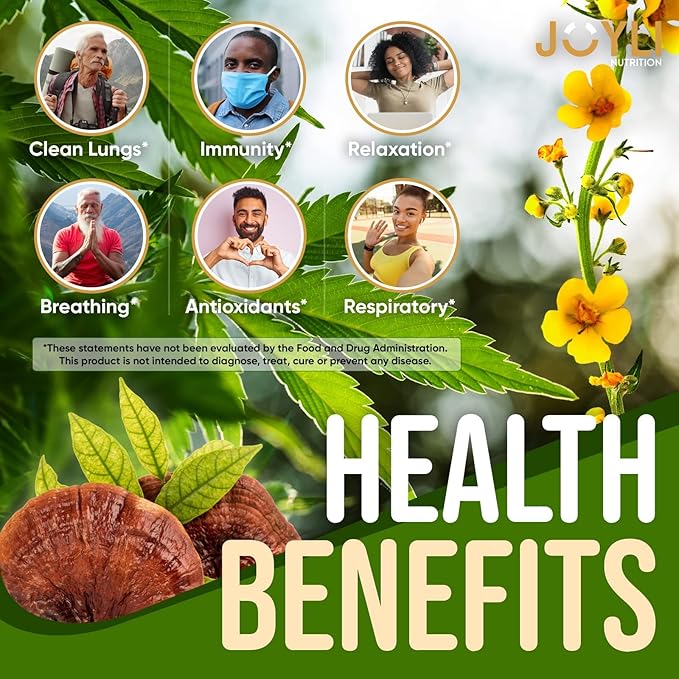 JOYLI Hemp Gummies - Natural Lung Cleanse with Mullein Leaf & Reishi Mushroom - Extra Strength Clean Lung Support Supplement with Vitamins A, C, D & E - Sugar-Free, Vegan, Non-GMO - 60 Edibles-SeraviaPure
