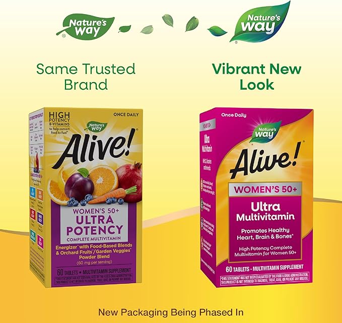 Nature’s Way Alive! Women’s 50+ Ultra Potency Complete Multivitamin, High Potency Formula, Promotes Healthy Heart, Brain, Bones*, with Methylated B12, Gluten-Free, 60 Tablets (Packaging May Vary)-SeraviaPure
