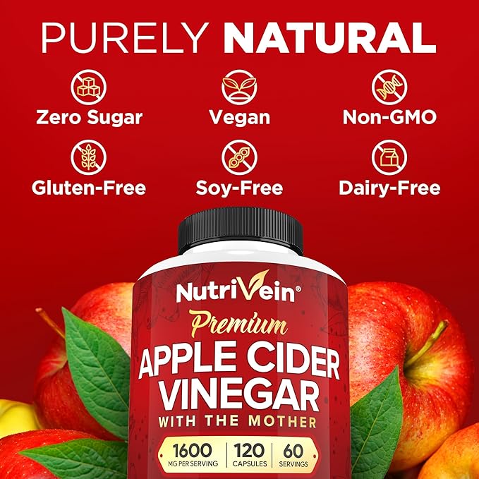 Nutrivein Apple Cider Vinegar Capsules with Mother - 1600mg - 120 Vegan Pills - Supports Healthy Diet, Digestion, Keto, Cleanser - Best Supplement for Immune System - ACV Raw-SeraviaPure
