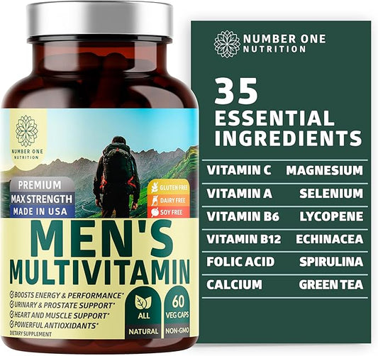 Number One Nutrition Premium Men's Daily Multivitamin Multimineral Supplement [Gluten Free, Non-GMO], Vitamins A C E D B1 B2 B3 B5 B6 B12, Magnesium, Biotin, Sprulina, and Zinc, 60 Veg Caps-SeraviaPure