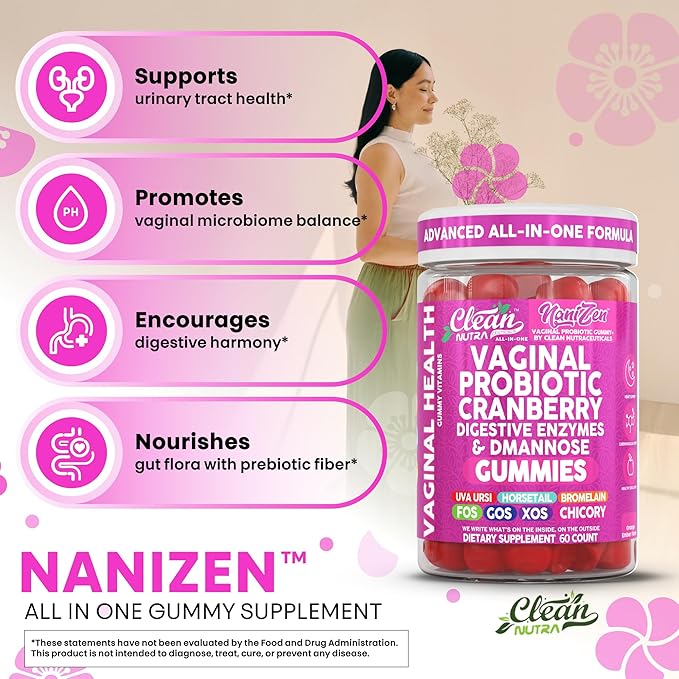 Clean Nutra Vaginal Probiotic Gummies for Women Cranberry Digestive Enzymes D Mannose Womens Probiotic Dmannose Horsetail Bromelain Chicory Fiber Feminine Care Prebiotics Inulin Papaya Enzyme Gummy