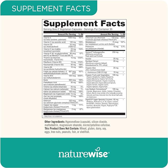 NatureWise Multivitamin for Women + Stress Support + B-Complex + Vitamin C + D3 K2 for Immunity, Hair, Skin & Nails, Digestion + Whole Organic Foods - Vegetarian, Non-GMO - 60 Capsules[1-Month Supply]-SeraviaPure