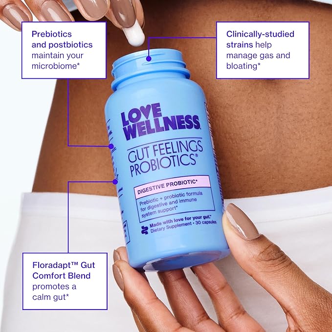 Love Wellness Gut Feelings Probiotic | Gut Health for Women, Digestion Relief & Immune Support Supplement | Womens Probiotic for Gas Relief | 3 Billion CFU | Safe Prebiotic and Postbiotic | 30 Count-SeraviaPure