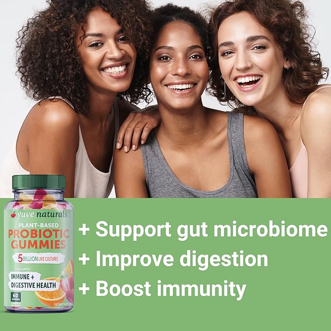 Yuve Vegan Probiotic Gummies, Probiotics for Women & Men, Sugar & Gluten-Free Gummy Probiotics, Digestive & Immune Support, 5 Billion CFU, Helps with Constipation, Bloating & Leaky Gut, Non-GMO - 60ct-SeraviaPure