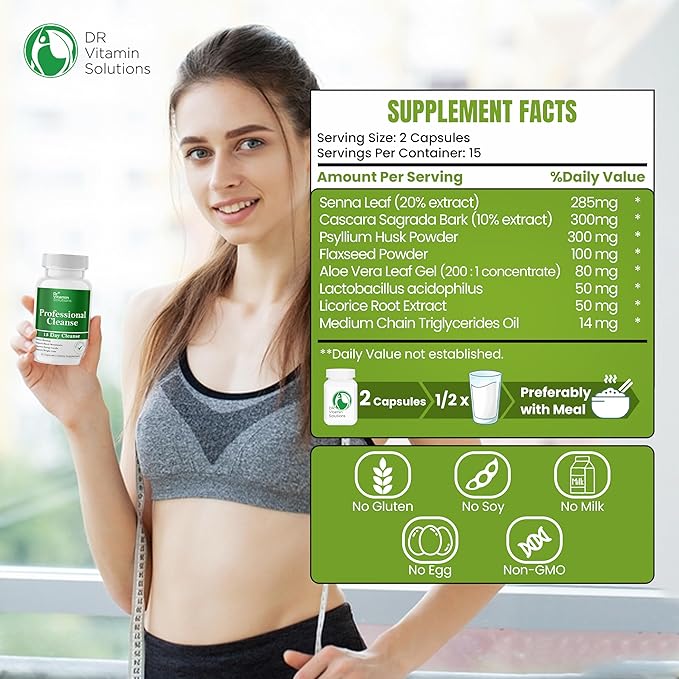 15 Day Cleanse Gut Support, Detox for Men & Women, All Natural Colon Cleanser for Bloating and Constipation Relief, Extra Calorie Loss with Healthy Probiotics - 30 Capsules-SeraviaPure